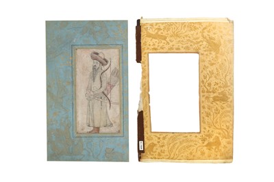 Lot 52 - A SAFAVID-REVIVAL TINTED DRAWING OF A MONGOL WARRIOR AND A SAFAVID ILLUMINATED BORDER WITH ANIMALS