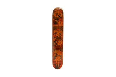 Lot 243 - A LACQUERED PAPIER-MÂCHÉ PEN CASE (QALAMDAN) WITH QAJAR EROTIC SCENES