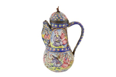Lot 143 - A QAJAR POLYCHROME-PAINTED ENAMELLED LIDDED COPPER COFFEE POT