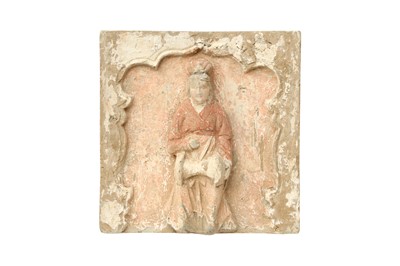 Lot 16 - A CHINESE PAINTED POTTERY TILE