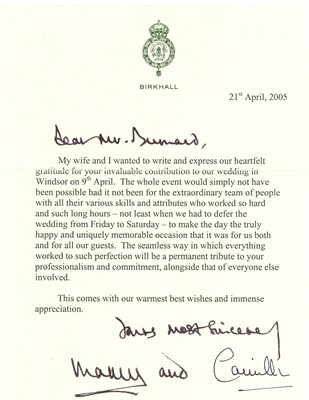 Lot 124 - TYPED LETTER RELATED TO THE WEDDING OF CHARLES, PRINCE OF WALES AND CAMILLA PARKER-BOWLES