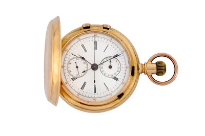 Lot 220 - SWISS FULL HUNTER SPLIT-SECOND CHRONOGRAPH POCKET WATCH WITH CALENDAR.