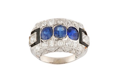 Lot 69 - An enamel, sapphire and diamond ring, circa 1935