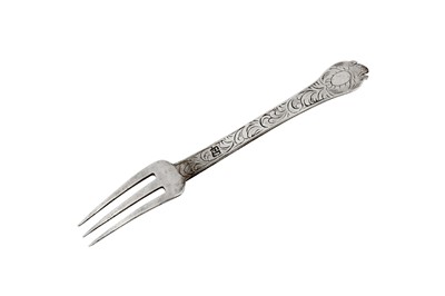 Lot 322 - A William and Mary silver sweetmeat fork, probably London circa 1690 by TN crowned (unidentified)