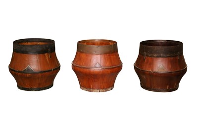Lot 1405 - THREE CHINESE SOUTHERN ELM WOOD GRAIN MEASURE BUCKETS, 20TH CENTURY