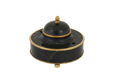 Lot 54 - A George V silver gilt and nephrite inkwell in the Russian manner, London 1928 by William Martin (reg. 16th Oct 1900)