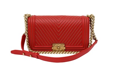 Lot 18 - Chanel Flame Red Chevron Medium Boy Bag