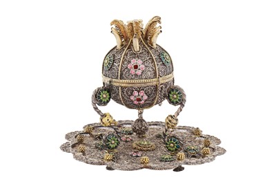 Lot 368 - A FINE ARMENIAN ENCRUSTED AND ENAMELLED PARCEL-GILT SILVER FILIGREE CENSER