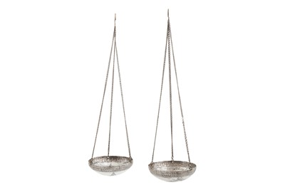 Lot 383 - A PAIR OF SILVER INCENSE BURNERS WITH CHRISTIAN PRAYERS AND CHERUBS