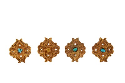 Lot 379 - FOUR GOLDEN HORDE TURQUOISE-SET GOLD FILIGREE BUTTONS