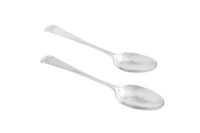 Lot 295 - A pair of late 18th century American Colonial silver tablespoons, New York circa 1770 by Lewis Fueter (1746-84, active 1769-75)