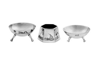 Lot 227 - Three early 20th century Iraqi silver and niello salts, Omara circa 1930 one signed Mathkoor