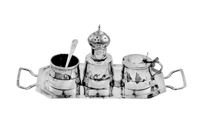 Lot 232 - An early 20th century Iraqi silver and niello cruet set on tray, Omara circa 1930