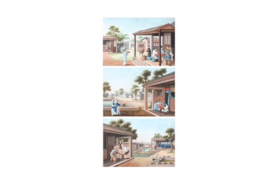 Lot 65 - THREE CHINESE EXPORT 'TEA PRODUCTION' PAINTINGS
