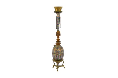 Lot 141 - A QAJAR POLYCHROME-ENAMELLED GILT-COPPER QALYAN (WATER PIPE)