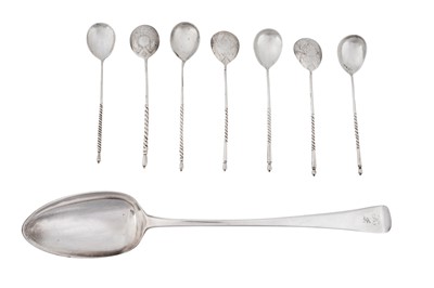 Lot 1253 - FOUR NICHOLAS II RUSSIAN 84 ZOLOTNIK SILVER TEASPOONS, MOSCOW 1898-1908