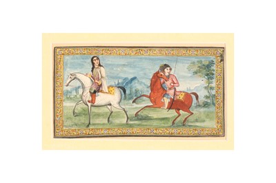 Lot 204 - A QAJAR MAIDEN AND YOUNG OFFICER ON HORSEBACK