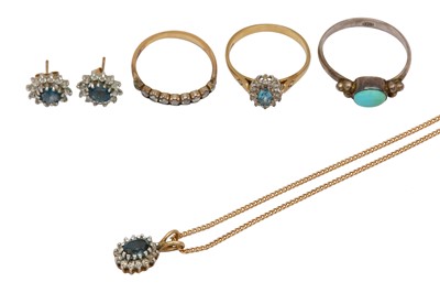 Lot 1046 - A TOPAZ AND DIAMOND RING, EARRING AND NECKLACE SUITE