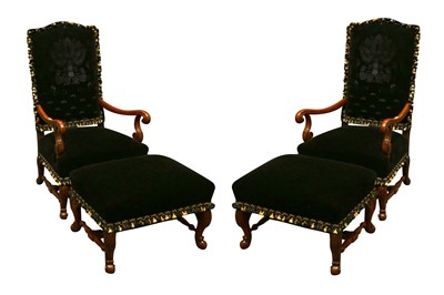 Lot 1422 - A GOOD PAIR OF LOUIS XIV STYLE CAMEL BACK ARMCHAIRS
