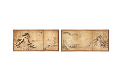 Lot 279 - A PAIR OF JAPANESE KANO SCHOOL SIX-FOLD PAPER SCREENS, BYOBU