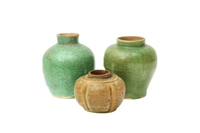Lot 840 - A GROUP OF THREE CHINESE GREEN-GLAZED SMALL JARS