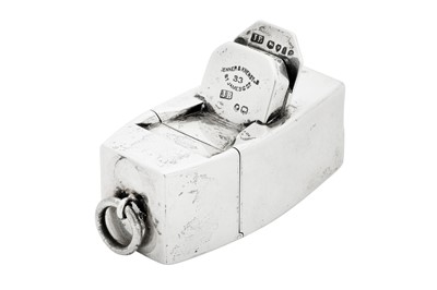Lot 64 - A rare Victorian sterling silver novelty travelling inkwell London 1874 by Jane Brownett (reg. 2nd Jan 1868)