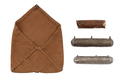 Lot 174 - A PRAYER SCROLL AND TWO CYLINDRICAL AMULET CASES