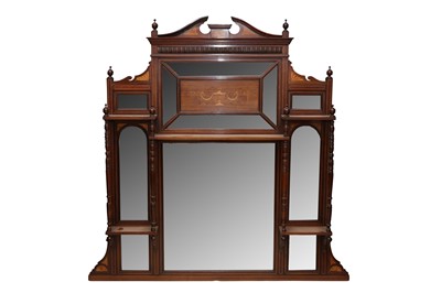 Lot 314 - A SHERATON REVIVAL MAHOGANY AND MARQUETRY INLAID OVERMANTEL MIRROR, CIRCA 1900