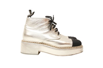 Lot 425 - Chanel Gold CC Lace Up Ankle Boot - Size 40