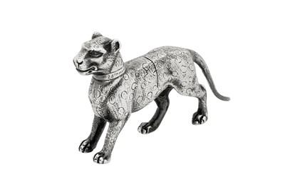 Lot 52 - An Edwardian sterling silver ‘The Kemp Leopard’ commemorative menu holder, London 1907 by Edward Barnard & Sons Ltd