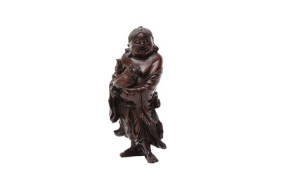 Lot 605 - A CHINESE WOOD FIGURE OF LIU HAICHAN