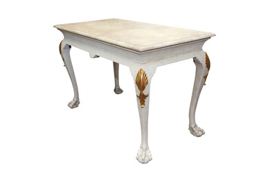 Lot 194 - A 19TH CENTURY STYLE MAHOGANY PAINTED CONSOLE TABLE