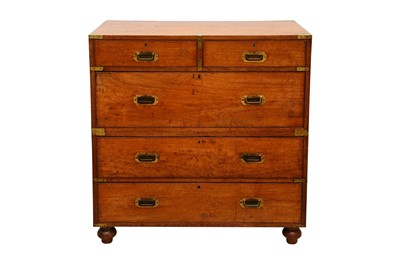 Lot 246 - A 19TH-CENTURY TEAK AND BRASS-BOUND MILITARY CAMPAIGN CHEST