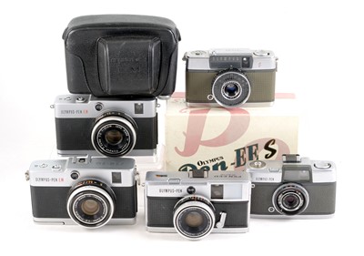Lot 76 - Olympus Pen EM Half Frame Cameras & Others.