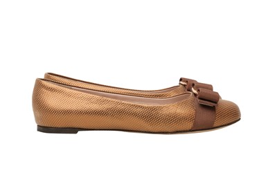 Lot 399 - Salvatore Ferragamo Bronze Varina Ballet Flat - Size UK 3