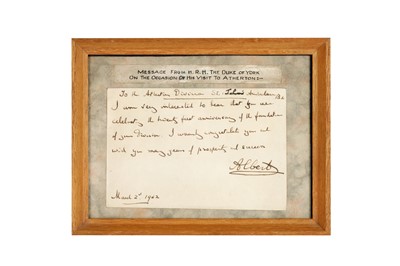 Lot 32 - HANDWRITTEN MESSAGE FROM PRINCE ALBERT, DUKE OF YORK