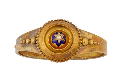 Lot 32 - AN ENAMEL AND HALF PEARL BANGLE