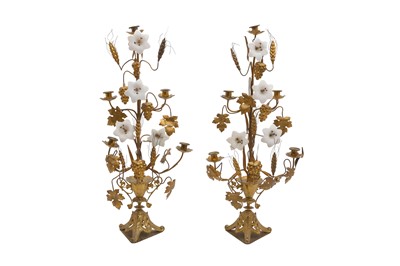 Lot 301 - A PAIR OF VICTORIAN GILT BRASS AND OPALINE GLASS FIVE-LIGHT CANDELABRA CIRCA 1870