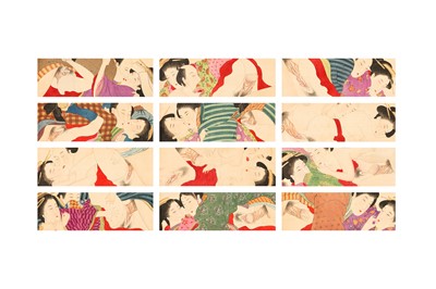Lot 325 - A JAPANESE HANDSCROLL OF TWELVE EROTIC PAINTINGS, SHUNGA