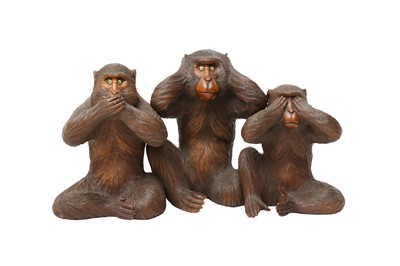 Lot 295 - A JAPANESE WOOD 'THE THREE WISE MONKEYS' OKIMONO