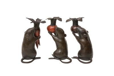 Lot 271 - THREE JAPANESE BRONZE 'RATS' CANDLE STICKS