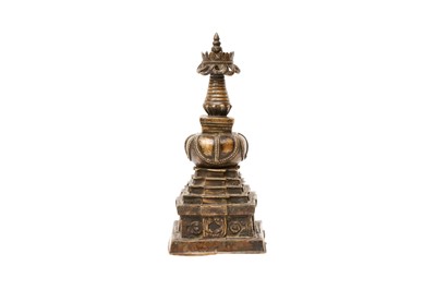 Lot 358 - A TIBETAN BRONZE BONPO STUPA
