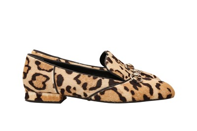 Lot 205 - Gucci Beige Leopard Print Horsebit Loafer - Size 37.5