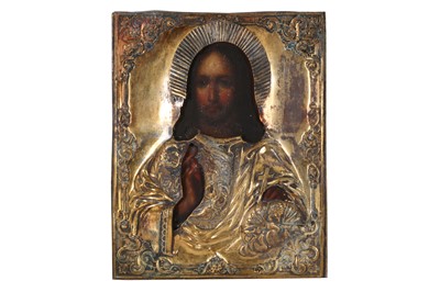 Lot 180 - A 19TH CENTURY OR LATER RUSSIAN ICON WITH GILT OKLAD