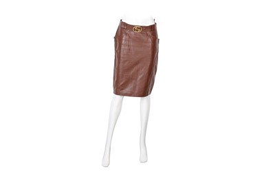 Lot 218 - Gucci Brown Leather GG BIker Skirt - Size 42