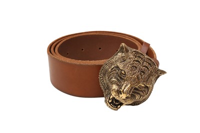 Lot 215 - Gucci Brown Tiger Head Buckle Belt - Size 90