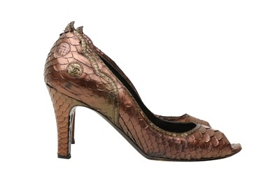 Lot 60 - λ Chanel Metallic Python Peep Toe Heeled Pump - Size 39