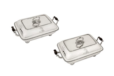 Lot 82 - A pair of early 19th century Indian colonial silver entrée dishes upon warming stands, Calcutta dated 1813 by Hamilton and Co