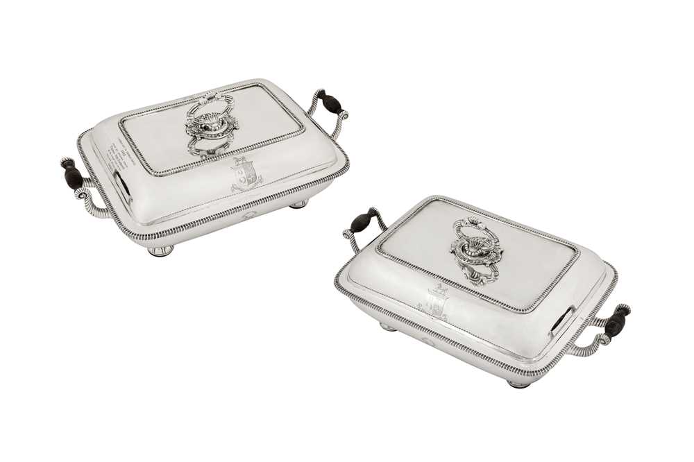 Lot 82 - A pair of early 19th century Indian colonial silver entrée dishes upon warming stands, Calcutta dated 1813 by Hamilton and Co