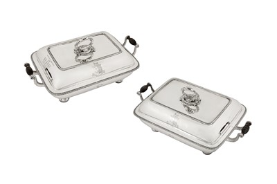 Lot 82 - A pair of early 19th century Indian colonial silver entrée dishes upon warming stands, Calcutta dated 1813 by Hamilton and Co